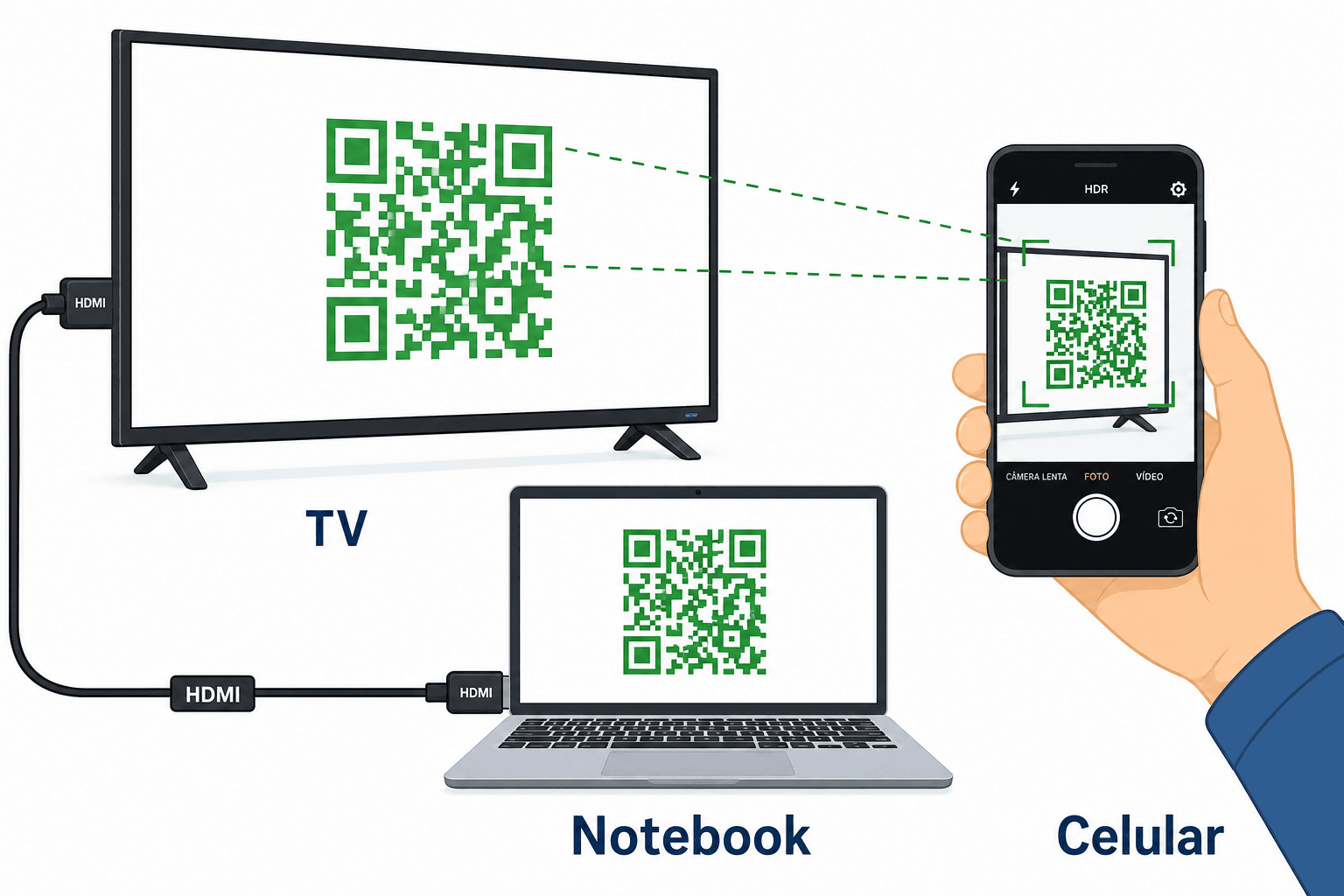 Modo online: notebook conectado à TV por HDMI e celular escaneando o QR Code na tela