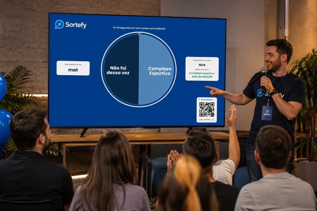 Apresentador conduzindo sorteio ao vivo com Sortefy em TV para plateia em evento corporativo
