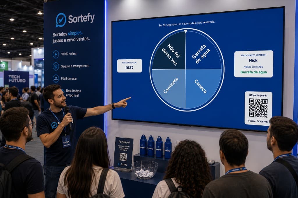 Stand em feira de negócios com telão exibindo roleta de prêmios do Sortefy e público participando via QR Code